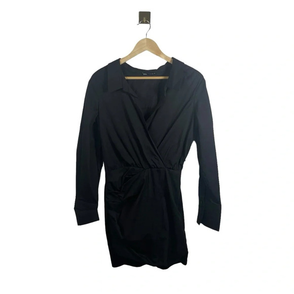 Zara Collared Long Sleeve Poplin Mini Shirt Dress in Black Size S - Picture 10 of 14
